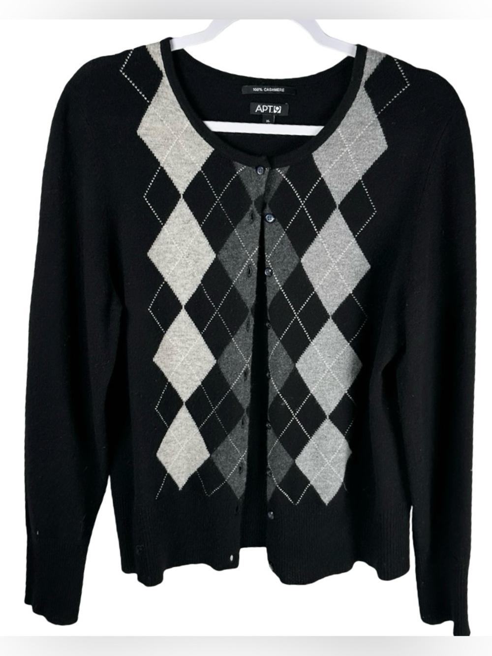 Apt. 9 100% Cashmere black gray Argyle long sleeve cardigan sweater women’s xl